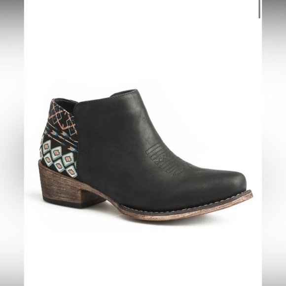 Roper Shoes - Roper Black Ankle Boots with Colorful Patterned Heel